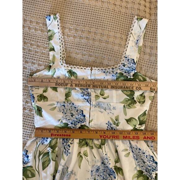 Floral Midi Dress Sz Large Blue White Cottagecore Sundress Lace Trim Smocked - Picture 10 of 11